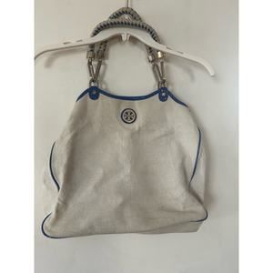 Tory Burch Canvas Tote Purse Bag Beach Beige Navy Blue w/ Gold Logo